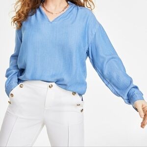 Denim Blue Blouse with V-Neck